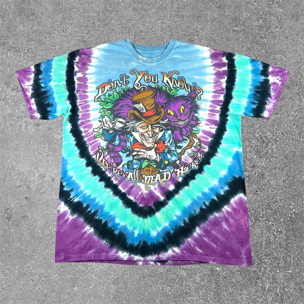 Liquid Blue Alice in Wonderland T-Shirt Mens XL Blue Tie Dye Mad Hatter Graphic